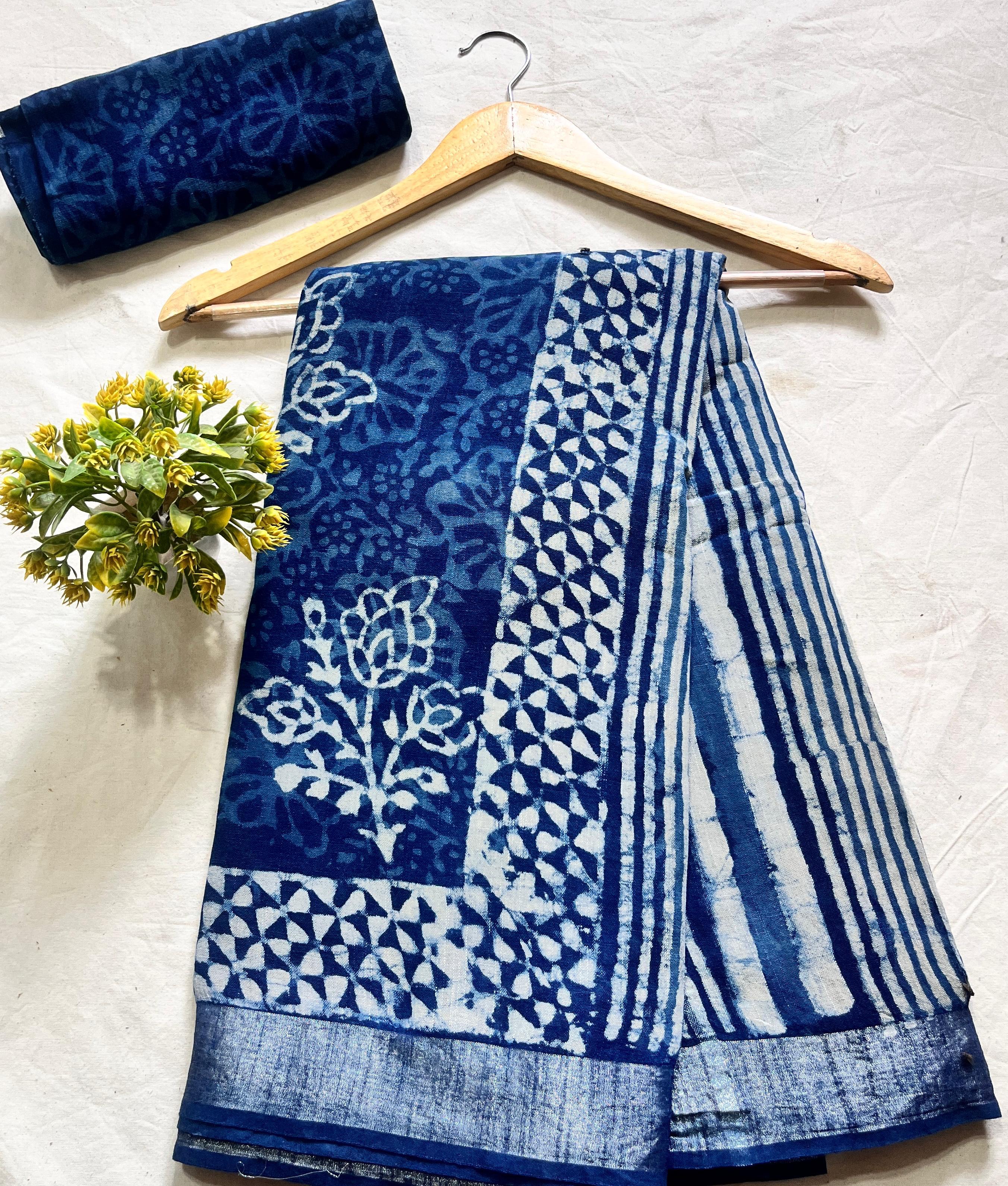 Indigo Floral Buta Jaal Saree – Premium cotton linen handblock saree wholesale for retailers and boutiques